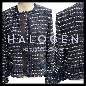 Halogen Black/Blue Tweed Fringe Zip Front Textured Blazer Jacket (M)